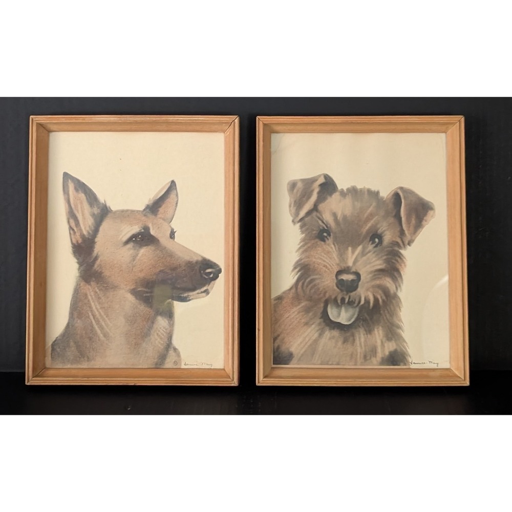 Vintage Set of Two Animal Portraits Alsatian & Irish Terrier Artist Signed